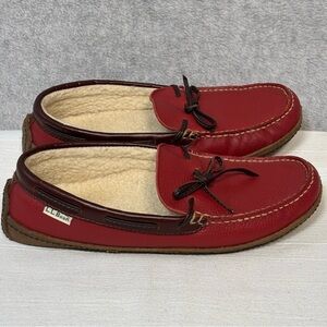 LL Bean Red Leather Moccasin Shearling Lined Slippers-Women Size 10